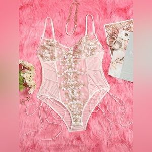 Embroidered Mesh Lace-Up Teddy Bodysuit